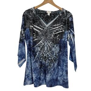 Chicos Abstract Top Womens Size 2 (L) Black Blue Burnout Embellished Y2K Grunge